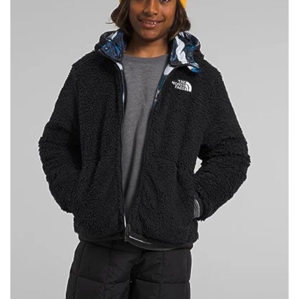 The North Face KidsReversible Fuzzy Fleece Jacket Mountain Print Hood Black14/16